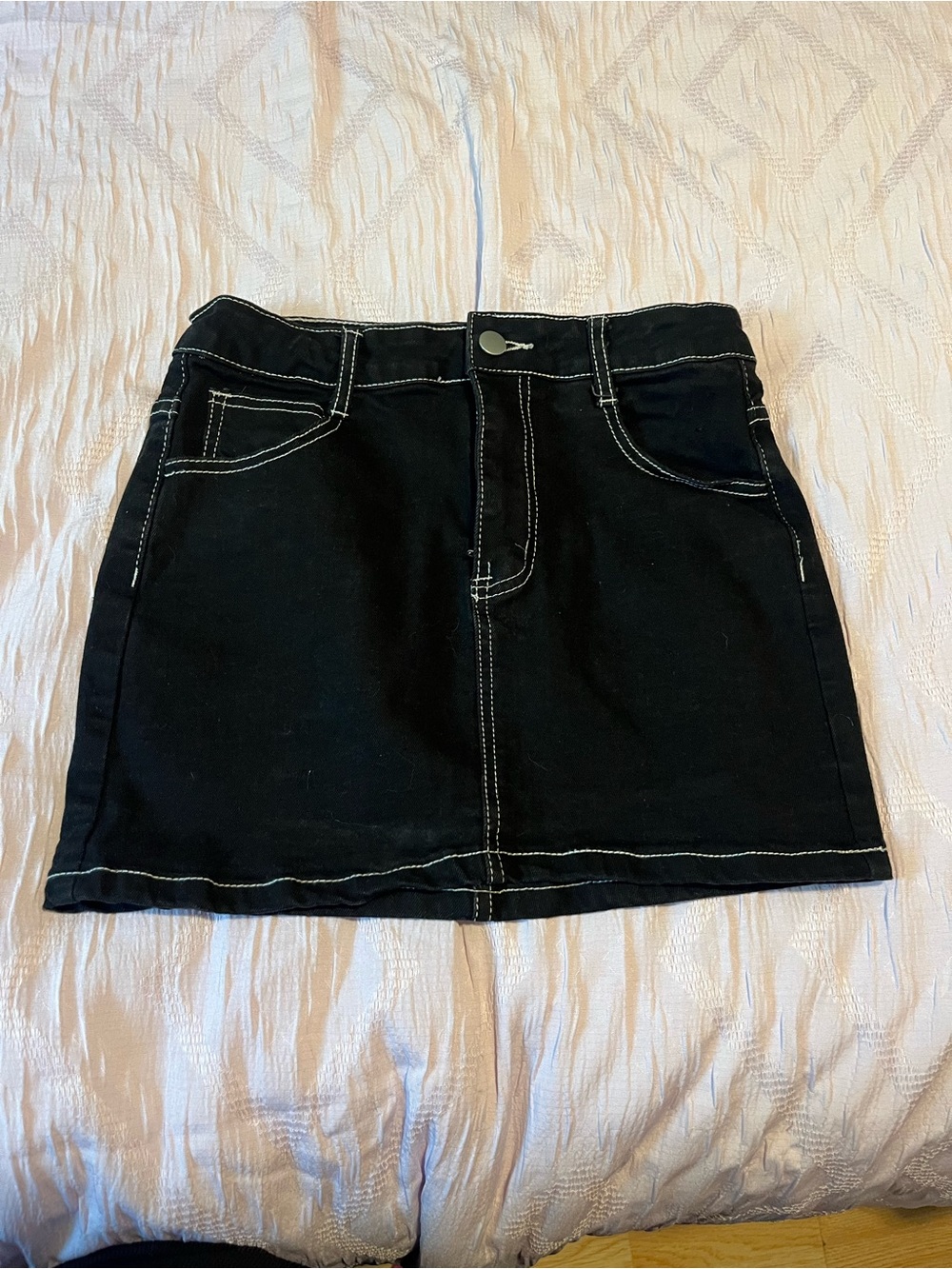 Black Denim Mini Skirt with Contrast Stitching